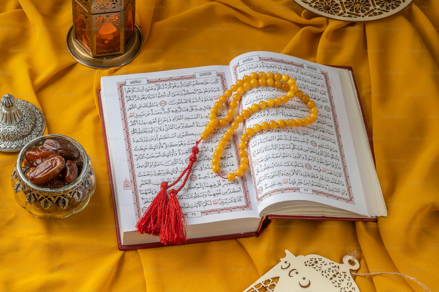 Close-up of the Quran, the holy book of Islam, with beautiful Arabic calligraphy on the pages