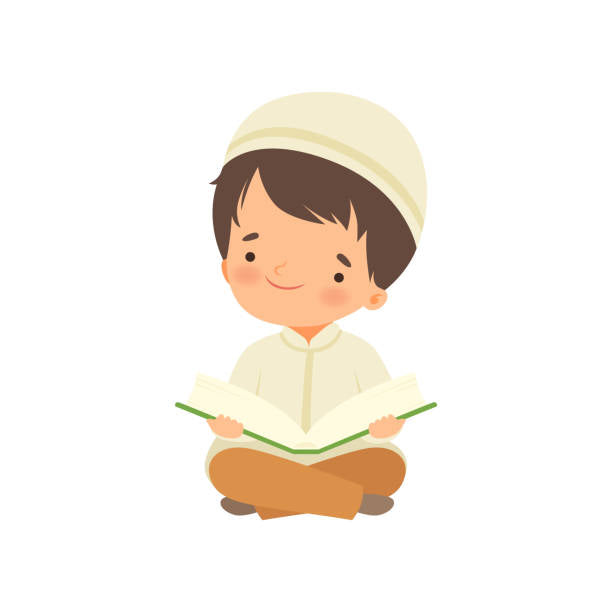 Young Muslim boy enjoying Quranic lessons with a colorful Islamic book